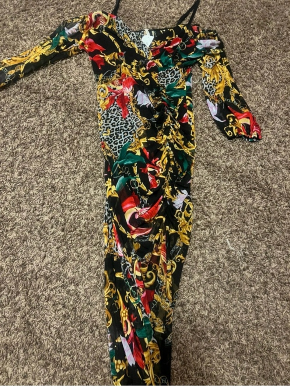 Off-Shoulder Floral & Chain Print Maxi Dress in Black